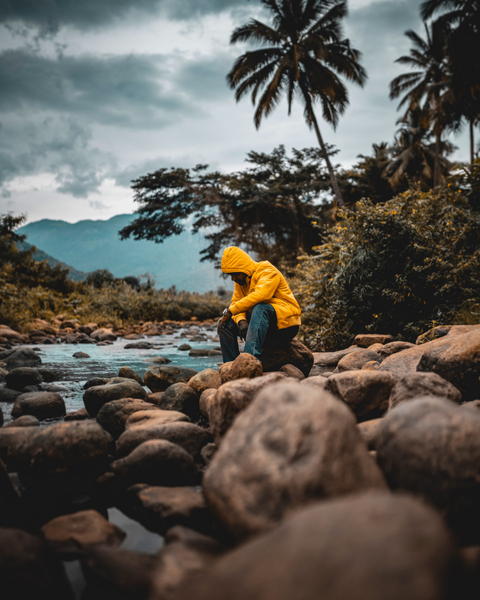 Free photo of A man sitting on rocks in front of a river with palm trees