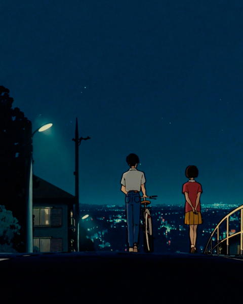 Free photo of anime couple standing on a bridge looking at the city