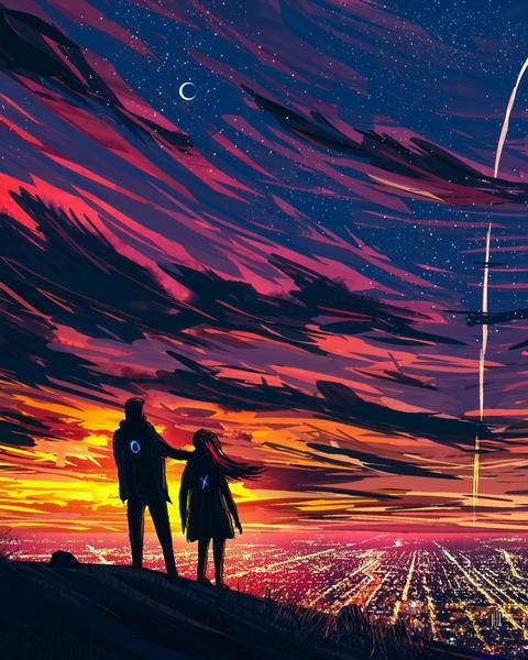 Free photo of anime style painting of a couple watching a space shuttle fly by