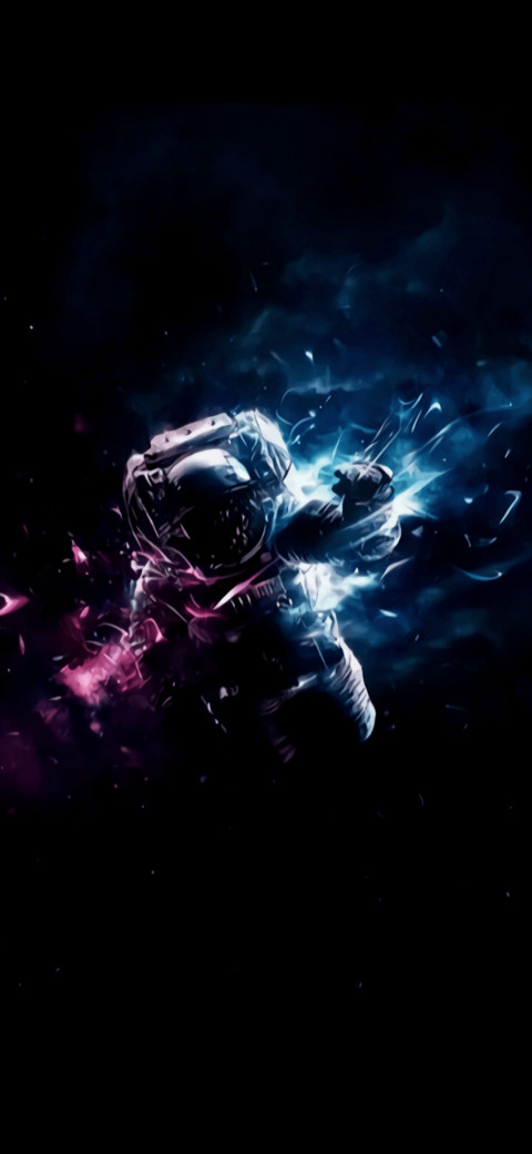 an astronaut floating in space with a blue and pink background