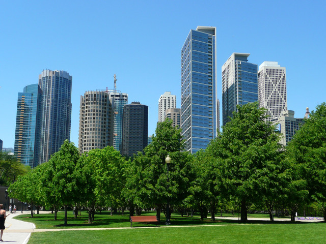 A vibrant urban skyline featuring modern high-rise buildings with glass façades, set against a clear blue sky. In the foreground, a lush green park with trees, benches, and walking paths adds natural charm to the urban landscape. Likely taken in Chicago, Illinois, USA