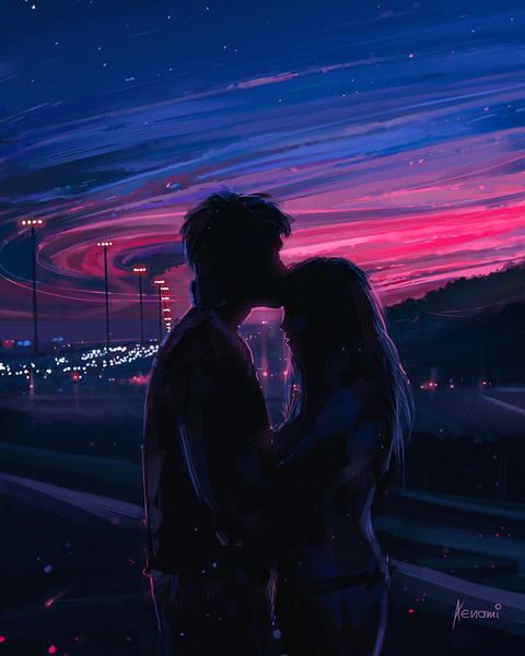 Free photo of couple kissing in the dark with a colorful sky in the background