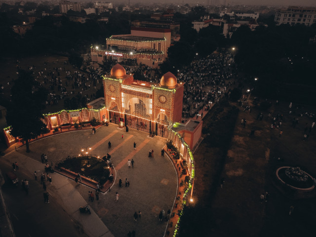 Free photo of Drone Photo of illuminated Centenary Gate, Jamia Millia Islamia