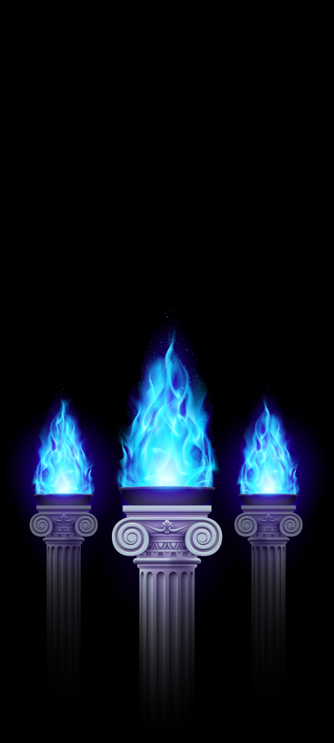 three blue flames lit up on a pillar in the dark