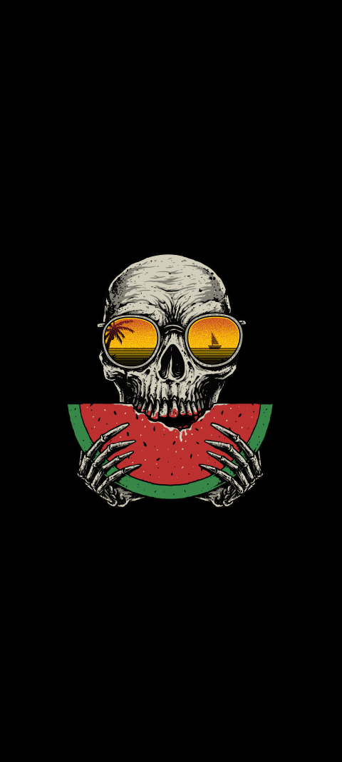 skull with sunglasses eating a watermelon