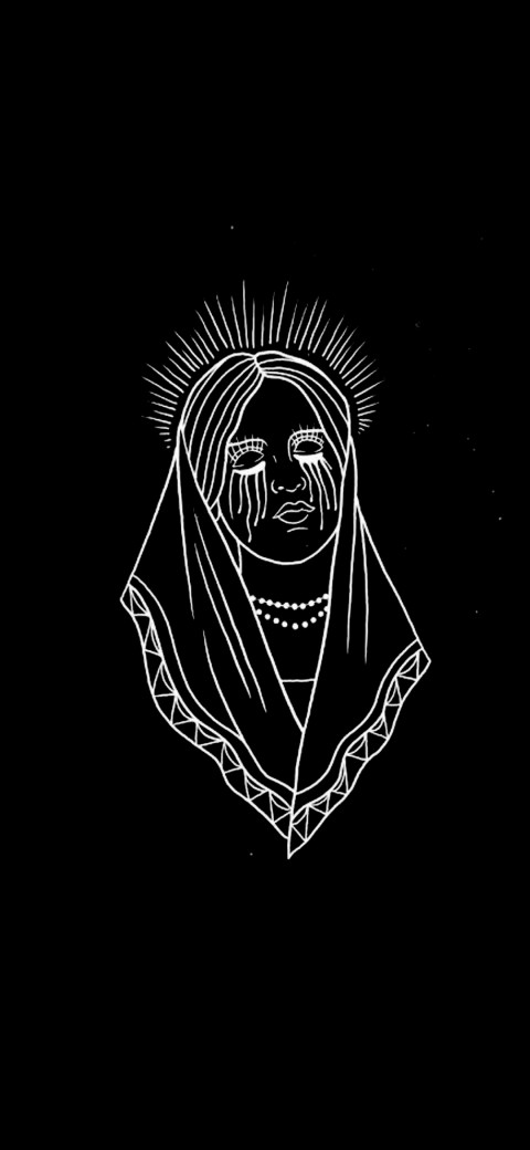 a black and white drawing of a woman with a veil