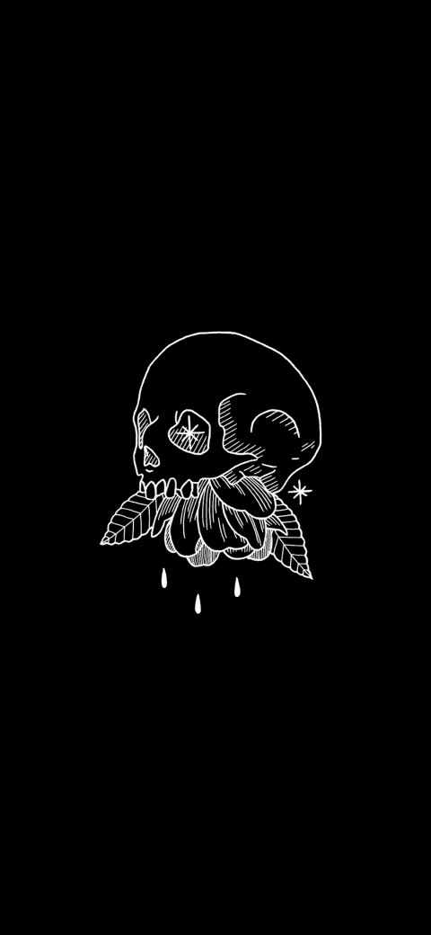 black and white drawing of a skull with leaves on it