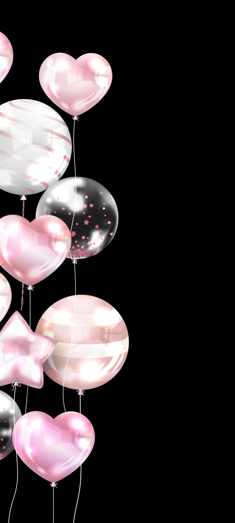 balloons with pink and white hearts floating in air