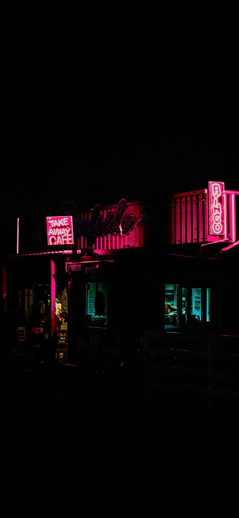 nighttime shot of a neon lit building with neon signs
