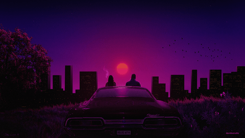 Free photo of purple and black illustration of two people sitting on a car in a city