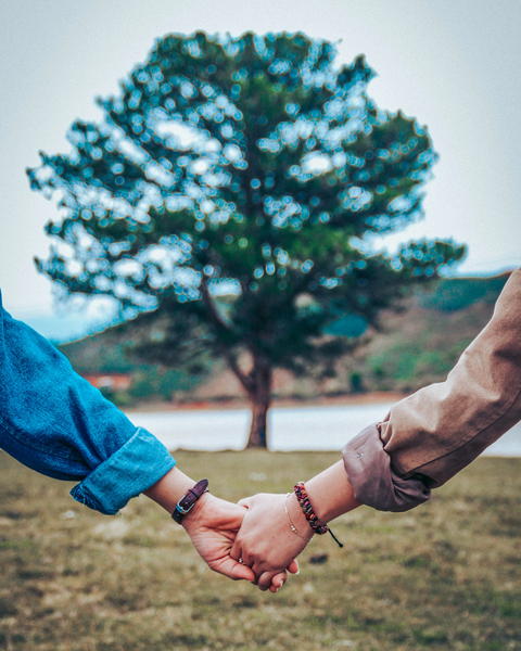 Free photo of someone holding hands with a man in a blue shirt and a tree