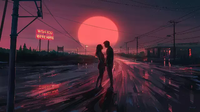 anime couple standing on a wet road with a bright red sun in the background