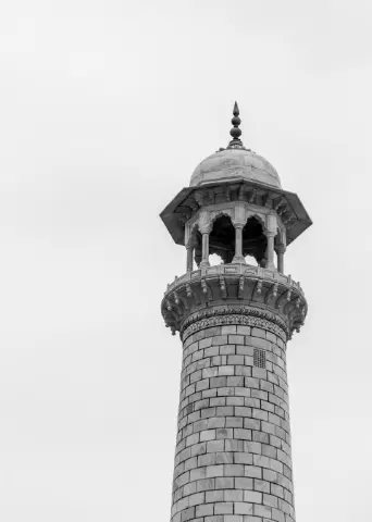 Black and White Photo of Taj Mahal Minaret