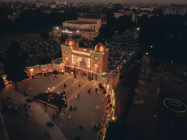 Drone Photo of illuminated Centenary Gate, Jamia Millia Islamia