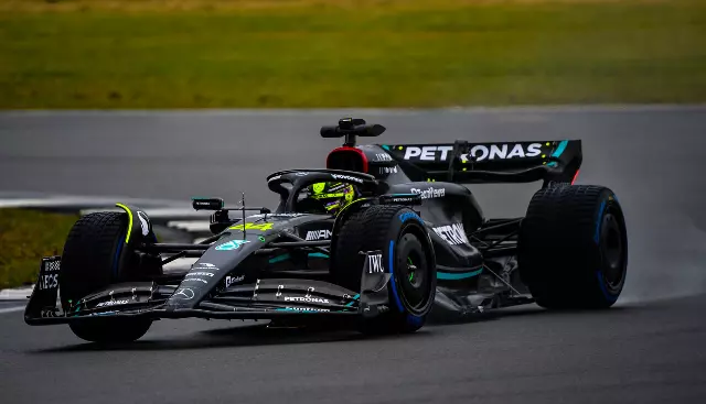 Mercedes w14 F1 racing car on a track