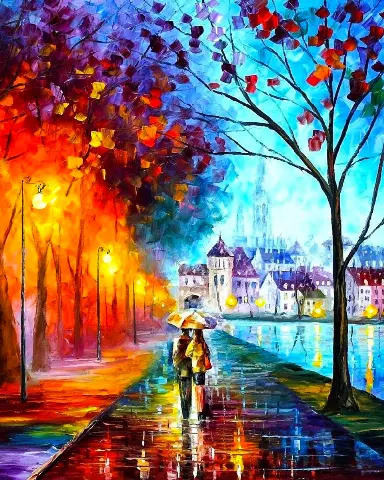 painting of a couple walking in the rain with an umbrella