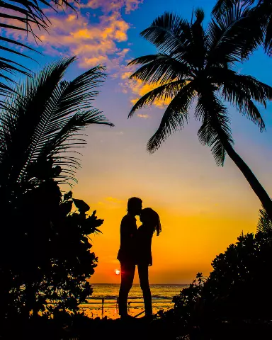 silhouette of a couple kissing in front of a sunset