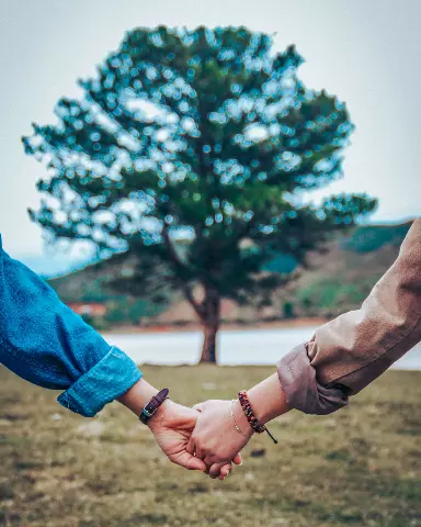 someone holding hands with a man in a blue shirt and a tree