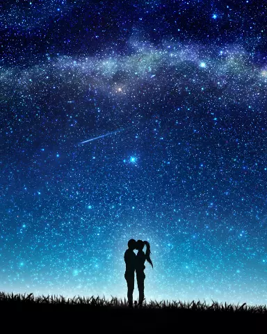 starry night sky with silhouette of two people standing on grass