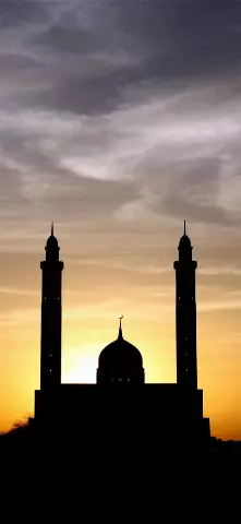 view of a mosque with at sunset